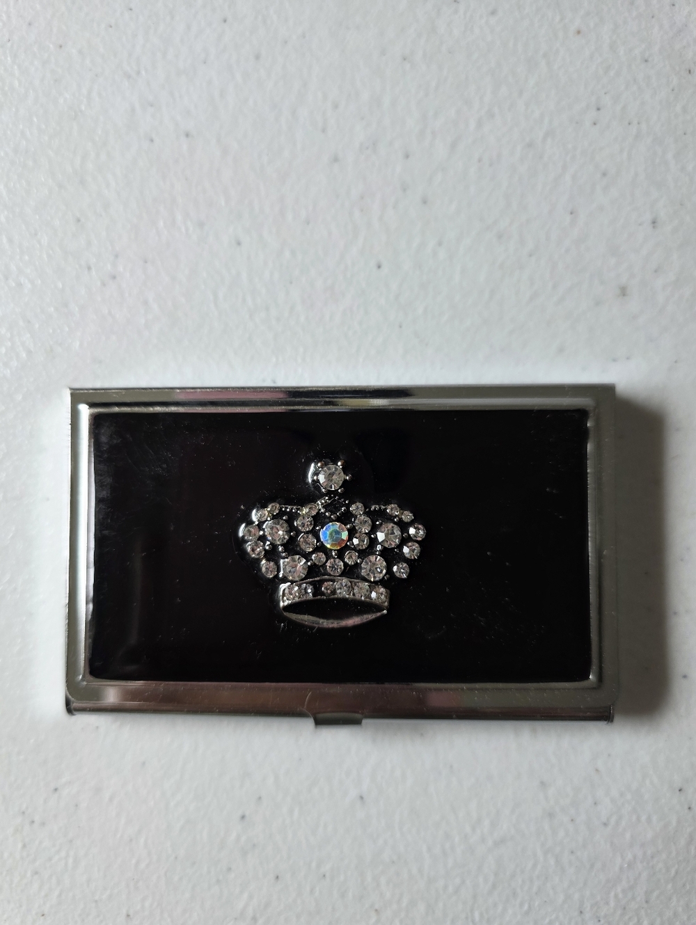Vintage Rhinestone Embellished Business Card Holder Aurora Borealis Crown Design